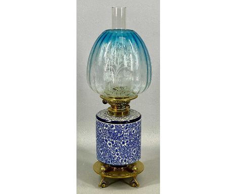 VICTORIAN OIL LAMP, c. 1885, gilded brass stand, Doulton Burslem blue and white floral reservoir and holder, twin Duplex burn