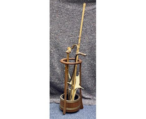 COLLECTION OF STICKS, including oak staff carved with a snake to the shaft and handle, 151cms (l), walking stick with silver 