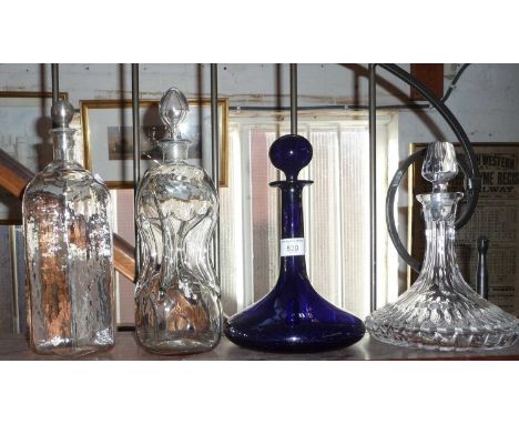 Bristol blue glass ship's decanter and others, inc. a glug-glug type