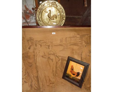 Old tapestry wall hanging, brass 'Take Courage' brewery advertising charger, and a cockerel picture
