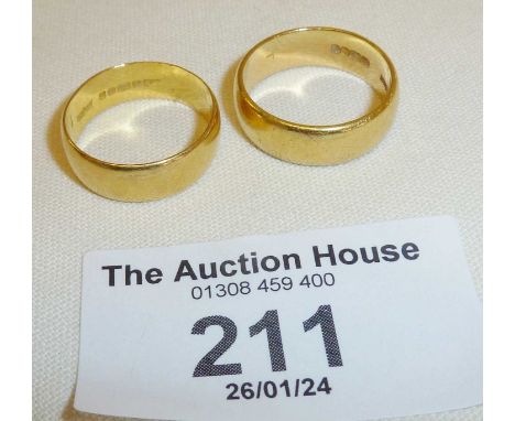 Two 22ct gold wedding bands, approx. sizes UK K and L, combined weight 10g