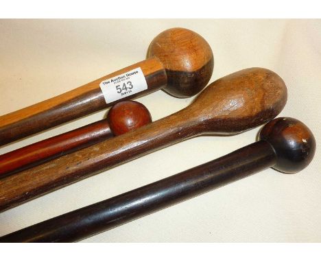 Tribal Art: Four carved wooden knobkerrie type walking sticks or canes