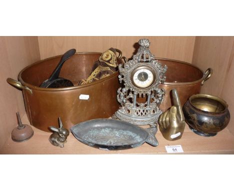 Two copper pans, ornate iron mantle clock, Indian brass pots and other items