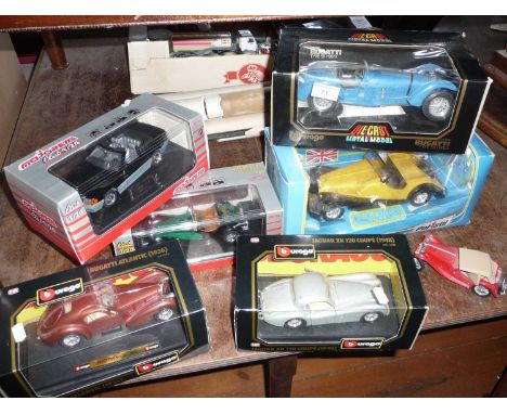 Six various 1/24 scale diecast sports cars including Burago Jaguar XK120, and Bugatti etc