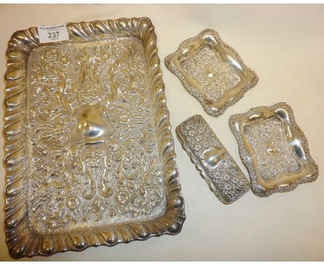Heavy silver dressing table vanity set consisting of tray, pin or ring dishes, and trinket box. All hallmarked for Chester 19