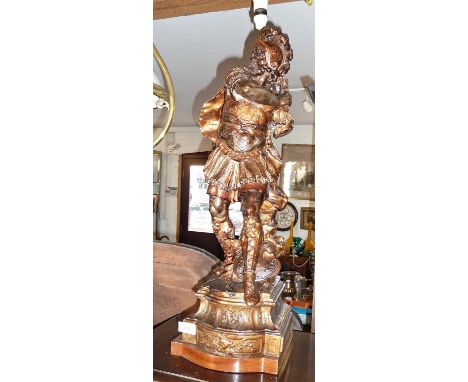 Tall and impressive pair of gladiator table lamp bases made from composite, on wooden bases, approx. 80cm high