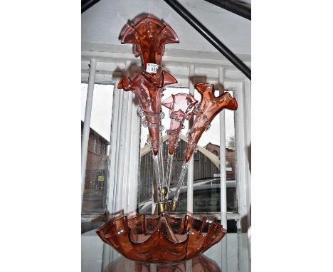 Impressive Victorian cranberry glass three-trumpet epergne (rivets to base)