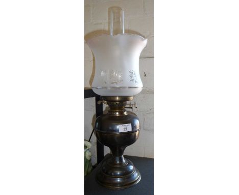 Brass oil lamp with etched glass shade