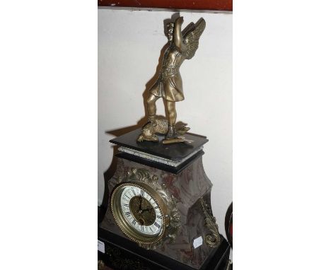 French ormolu mounted and shaped marble mantle clock having brass and enamel dial surmounted by classical figures (A/F)