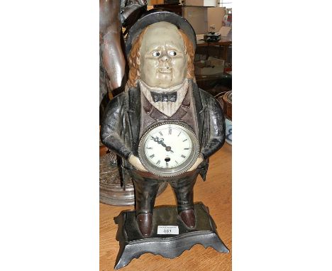 Painted metal Novelty figurative mantle clock in the form of a Victorian man with moving eyes (in need of attention)