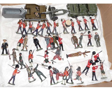 Britains army diecast soldiers, inc. Carden Lloyd carrier, Austin Champ and 25 powder gun, sentry box, 12 piece line infantry
