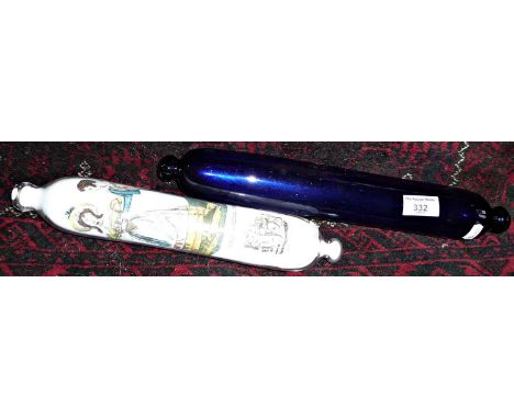 Bristol blue glass "Sailor's Friend" rolling pin and a Victorian similar with inside colour print decoupage