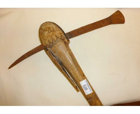 African Tribal Art axe type weapon, decorated with pyrographic designs and etching to iron