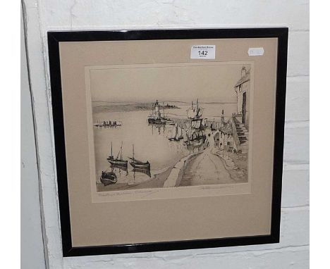 Etching of Newlyn Harbour by G. Bennett, signed in pencil lower right