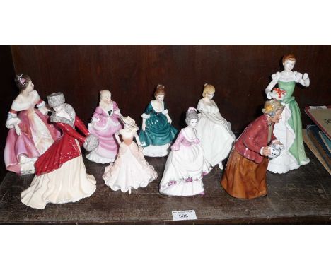 Royal Doulton: Southern Belle, Teatime, Heather and Merry Christmas lady figures. Together with others by Coalport and Royal 