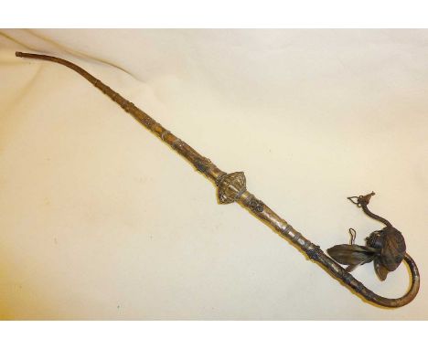 Chinese silver opium pipe with peacock form bowl, approx. 53cm long