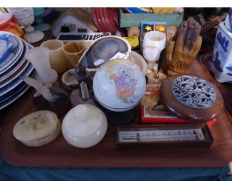 A Tray of Curios to Include Alabaster Pots and Vases, Candle Stick, Potpourri Bowl, Thermometer