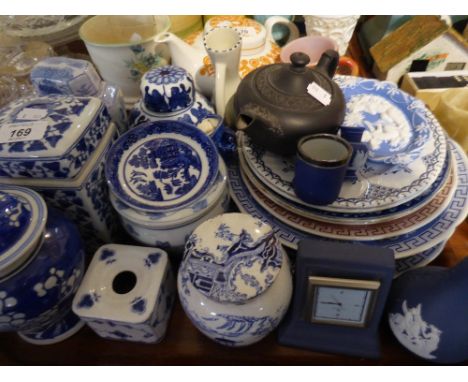 A Tray of Various Blue and White China to Include, Tea Caddy, Decorated Plates, Jasperware etc  