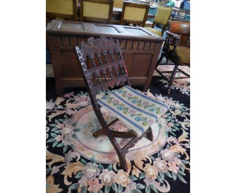 A 19th Century Folding Oak Chair with Tapestry Seat and Carved Back 