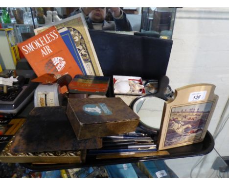 A Tray of Sundries to Include Leather Punch, Drawing Interments and Pens, Postage Scales, Mirror etc 