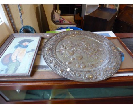 A Large Brass Wall Hanging Plaque, Framed Photograph, Tapestry and Print 