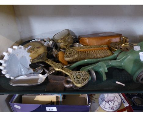 A Tray of Curios to Include Dressing Table Set, Table Lighter, Enamelled Mincer, Cutlery Etc 