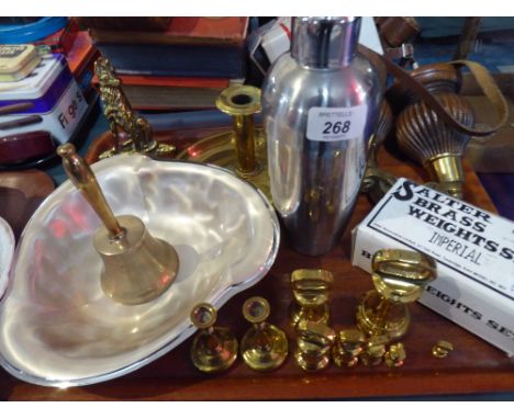 A Tray Containing Brass Kitchen Scale Weights, Brass Candle Stick, Cocktail Shaker etc