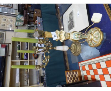 A Gilt and Onyx Candelabra and Painted Table Lamp