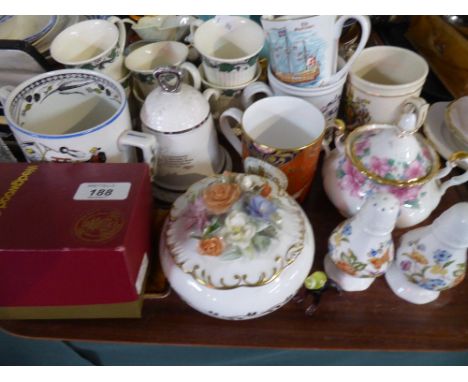 A Tray of China to Include Iron Stone Mug, Aynsley Cruet Set, Decorated Mugs Etc