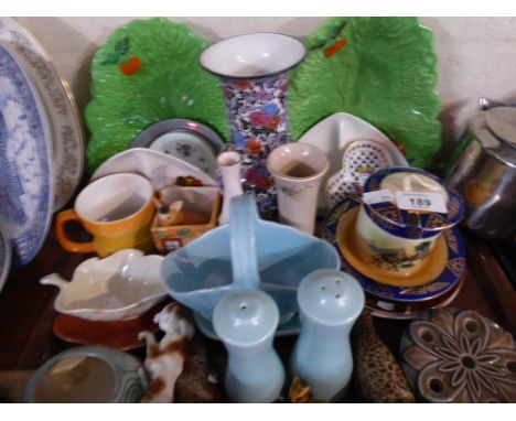 A Tray of Various China to Include Vases, Animal and Other Ornaments, Cruet Set, Cabbage Leaf Dishes, Wade Candle Stick Holde