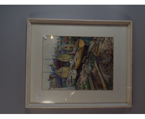 A Framed Water Colour Depicting Rowing Boats and Houses, Signed R Underwood, 37cm high