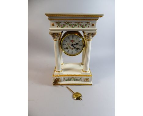 A Modern Reproduction Four Pillar Mantle Clock of Architectural Form and Decorated with Gilt Highlight and Swags of Flowers, 
