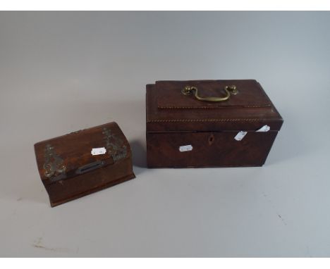 A 19th Century Mahogany Three Division Tea Caddy for Restoration and a Small Three Division Coin Box 