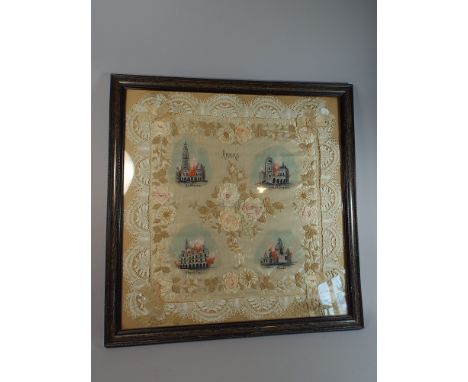 A Silk Embodied Collage Depicting the Fire Following Barrage at Arras in 1917, Lace Border in Original Frame, 67cm High 