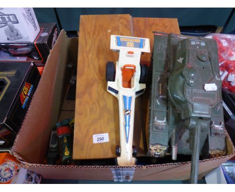 A Vintage Wooden Tool Box, Tank Toy, Tin Plate and Diecast Playworn Toy Etc