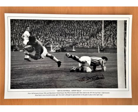 Football, Peter McParland signed 12x18 black and white photo. Picturing him in action for Aston Villa during the 1957 FA Cup 