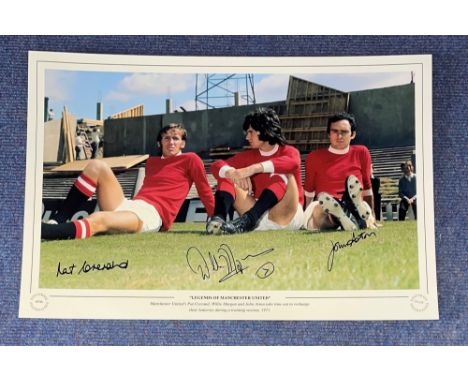 Pat Crerand, Willie Morgan and John Aston signed Legends of Manchester United 16x12 inch colour print. Manchester United's Pa