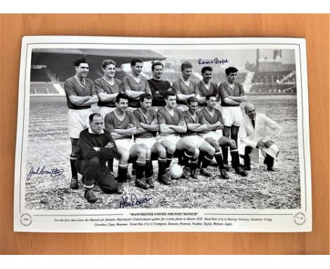 Football, Jack Crompton, Alex Dawson, Ronnie Cope multi signed 12x18 black and white photo. Pictured for a team photo as Manc