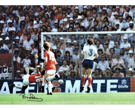 Football, Bryan Robson 16x12 inch signed colour photograph pictured scoring a goal in the 1982 World Cup Finals against Franc