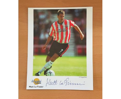 Football. Matt Le Tissier Signed 10x8 Autographed Editions page. Bio description on the rear. Photo shows Le Tissier in actio