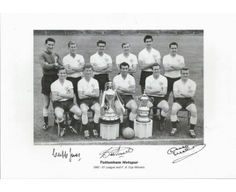 Cliff Jones, Bobby Smith and Dave Mackay signed 16x12 inch Tottenham Hotspur 1960 61 League and F. A Cup winners black and wh