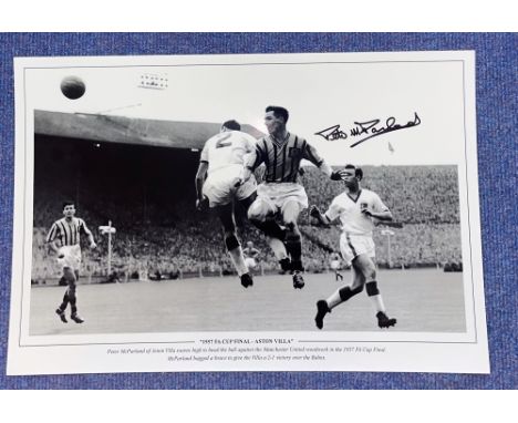 Football, Peter McParland signed 12x18 black and white photograph. Photo shows McParland, playing for Aston Villa as he score