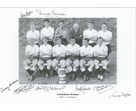 Tottenham Hotspur multi signed 1962 F. A Cup Winners 16x12 inch black and white photo. Signatures include Peter Baker, Mauric