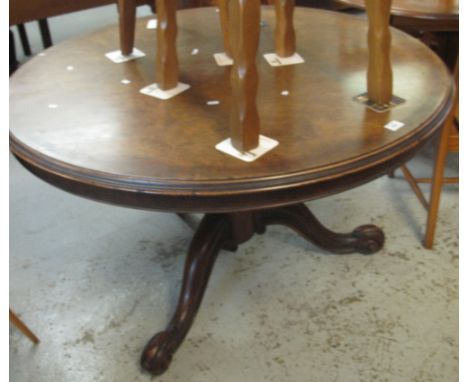 Victorian walnut centre table on chunky carved tripod, scrolled base.(B.P. 24% incl. VAT)