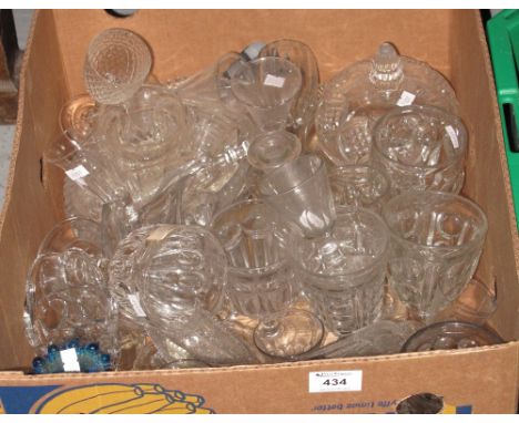 Tray of assorted glassware to include: various drinking vessels; blue moulded glass candlestick; trinket boxes etc.(B.P. 24% 