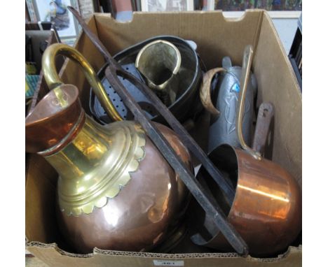 Box of assorted metalware to include: three piece Tudric pewter Art Nouveau design tea service; large Indian brass and copper