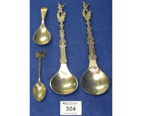 Pair of silver decorative spoons with figural terminals, probably Scandinavian, together with EPNS caddy spoon and silver Wes