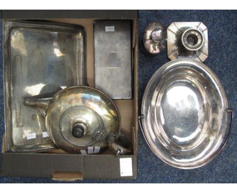 Box of silver and plate to include: squat teapot; EPNS handled pedestal basket; plated caddy; silver candle stick; silver two