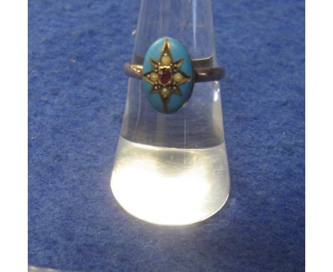 Seed pearl and garnet ring.(B.P. 24% incl. VAT)   CONDITION REPORT:  Shank has been cut and repaired.  Centre stone is chippe