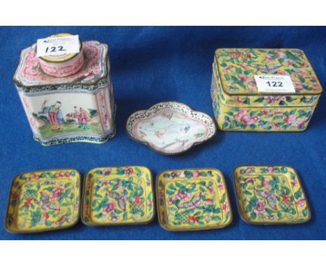 Seven pieces of 19th Century Chinese Canton metalware, comprising: tea caddy; yellow lidded box and four small pin trays, wit